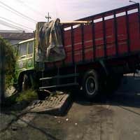 Sopir Mengantuk, Truk Muat Pupuk Nyungsep