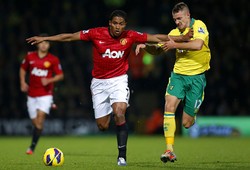 Antonio Valencia berusaha melewati Anthony Pilkington dalam laga yang dihelat di Carrow Road, Minggu (18/11/2012) dinihari WIB. Reuters/Andrew Winning.