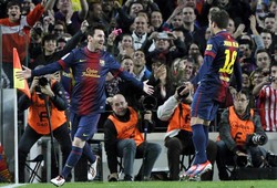 Lionel Messi merayakan golnya bersama Jordi Alba. REUTERS/Albert Gea.