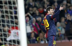 Pesta gol Barca di Camp Nou, Senin (28/1/2013) dinihari WIB, itu pun diawali oleh Messi. Dia mencetak gol pertamanya ketika pertandingan baru berjalan 11 menit. REUTERS/Albert Gea.