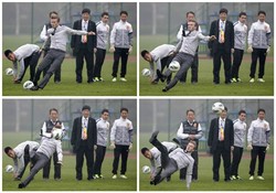 Foto kombinasi Beckham saat terpeleset. REUTERS/Stringer.
