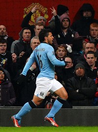 City akhirnya memastikan kemenangan setelah Sergio Aguero membobol gawang David De Gea pada menit ke-78. AFP/Paul Ellis.