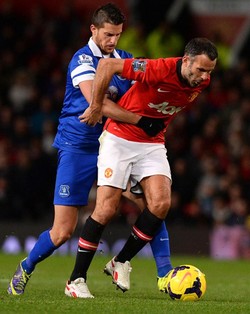 Kevin Mirallas berusaha merebut bola dari Ryan Giggs. AFP/Andrew Yates.
