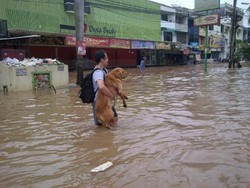 Komplek Green Garden Kebanjiran, Seorang Warga Gendong Anjingnya