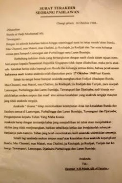 Selembar Surat Terakhir Usman Sebelum Hadapi Tiang Gantungan Singapura