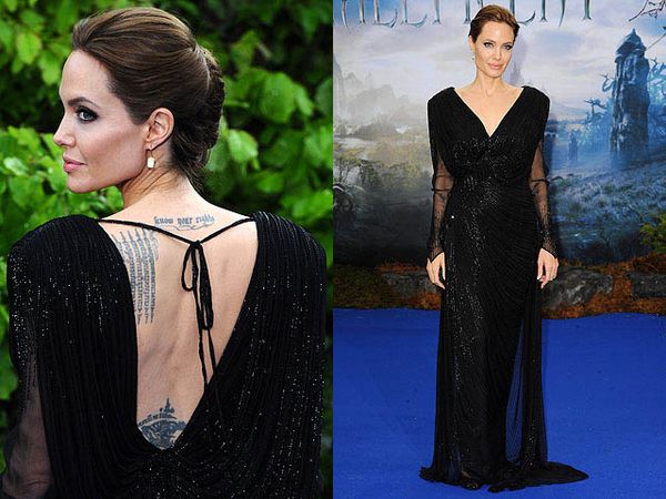Elegan Bergaun Hitam, Angelina Jolie Pamer Tato di Punggung