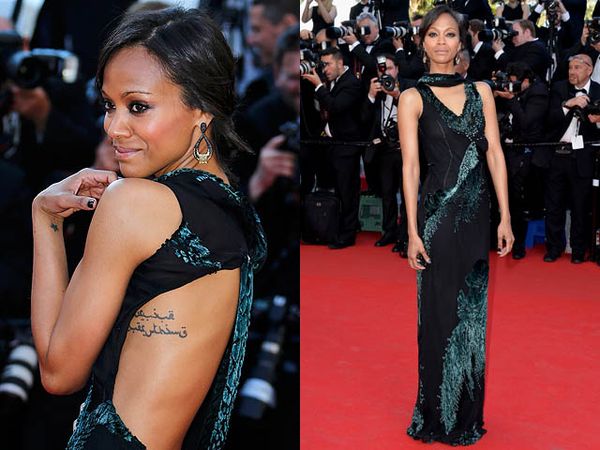 Zoe Saldana Pamer Tato Tulisan Arab di Festival Film Cannes