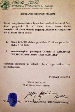 Surat Edaran Dukung Prabowo-Hatta Beredar di Ponpes Kediri