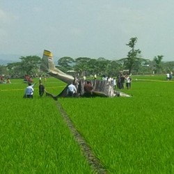 Warga Berdatangan, Pesawat Latih yang Nyungsep di Sawah Ditutup Terpal