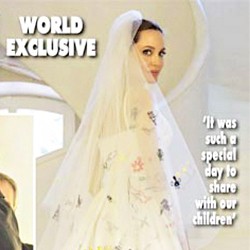 Unik! Gaun Pengantin Angelina Jolie Penuh dengan Lukisan Anak-anaknya