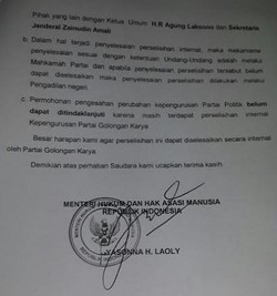 Surat Keputusan Menkum HAM Soal Golkar Tak Sebut Akui Munas Riau