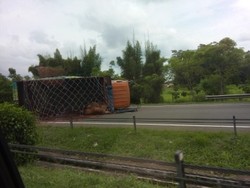Truk Pengangkut Sapi Terbalik di Tol Jakarta Merak, Lalin Macet