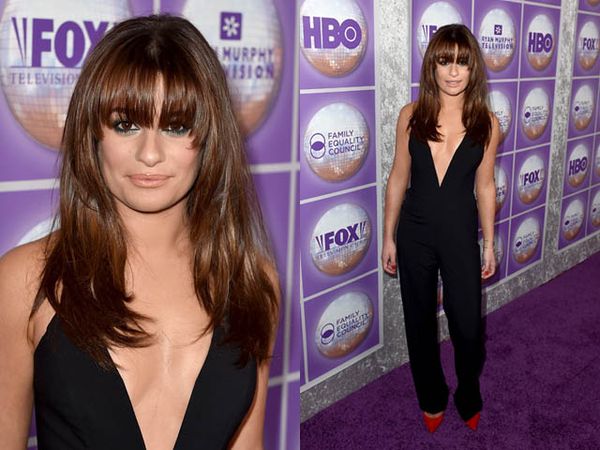 Lea Michele Dibalut Jumpsuit Berbelahan Dada Rendah