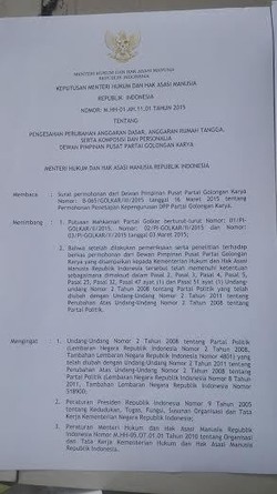 Ini SK Menkum HAM yang Sahkan Kepengurusan Golkar Agung Laksono