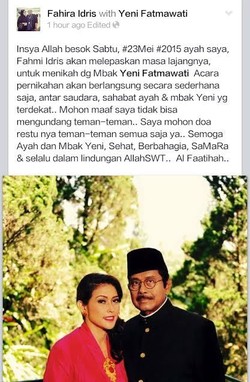 Fahmi Idris akan Menikahi Yeni Besok