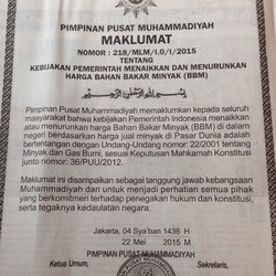 Muhammadiyah Keluarkan Maklumat Tolak Kebijakan Pemerintah Tentang Harga BBM