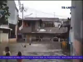 Anak-anak Lakukan Aksi Terjun ke Dalam Kubangan Banjir