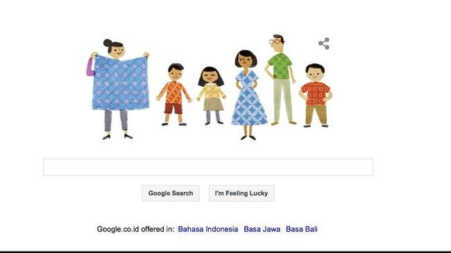 Hari ini, 2 Oktober 2014, kita sedang merayakan Hari Batik Nasional. Segenap masyarakat ikut merayakannya. Termasuk saat kita membuka halaman Google pagi ini.