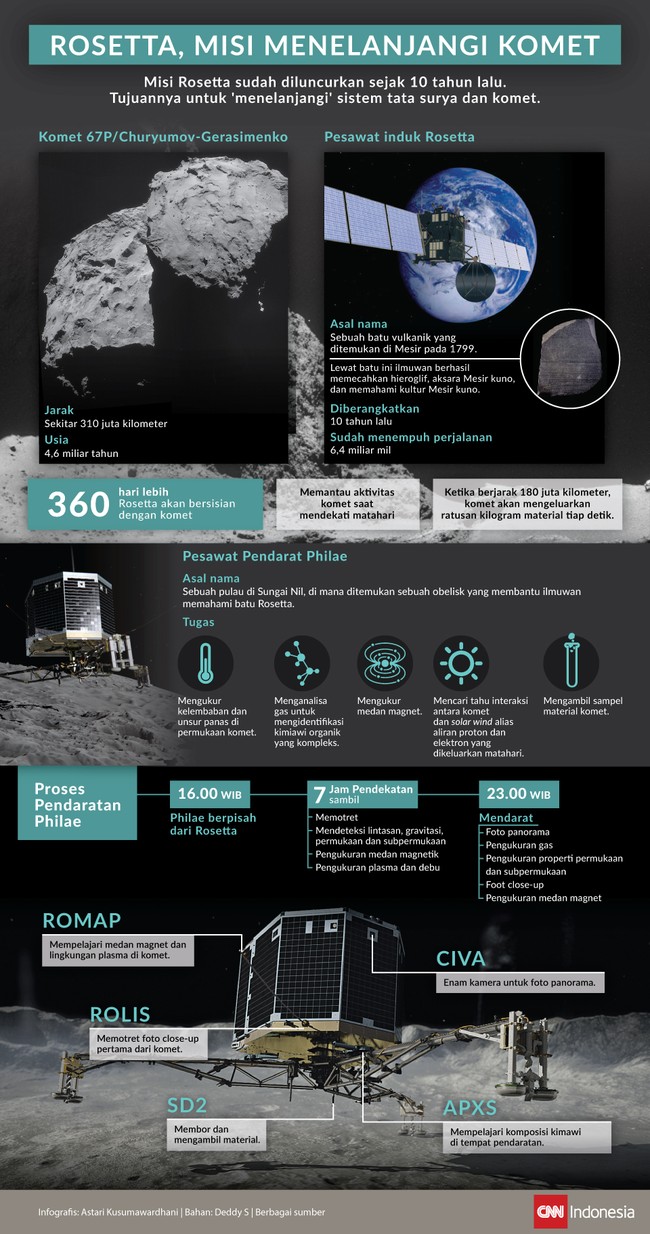 Misi Rosetta sudah diluncurkan sejak 10 tahun lalu dan tiba di tujuan, Rabu (12/11). Tujuan misi ini adalah untuk 'menelanjangi' sistem tata surya dan komet.