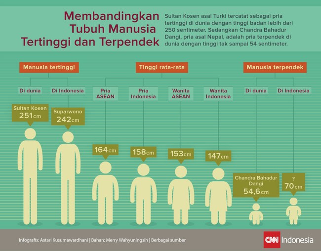 Sultan Kosen tercatat sebagai pria tertinggi di dunia, sedangkan Chandra Bahadur Dangi adalah pria terpendek di dunia dengan tinggi tak sampai 54 sentimeter.