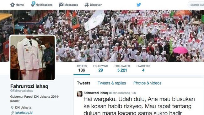 Nama Fahrurrozi Ishaq menjadi perbincangan hangat di linimasa Twitter. Sampai-sampai, ada akun parodi yang mengatasnamakan gurbernur tandingan tersebut.