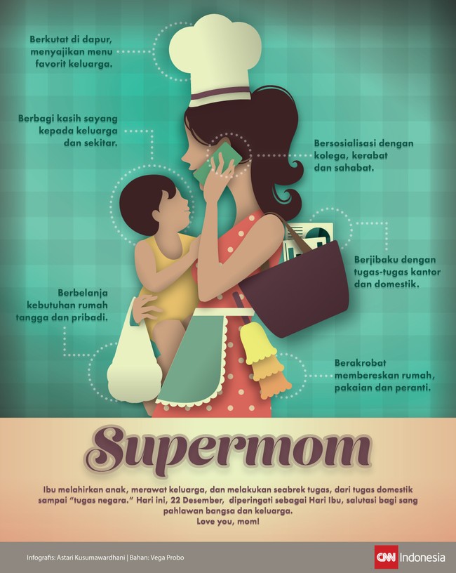 Keandalannya berakrobat dengan seabrek tugas, dari domestik sampai kantor, membuat perempuan mulia yang melahirkan kita ini layak disebut Supermom.