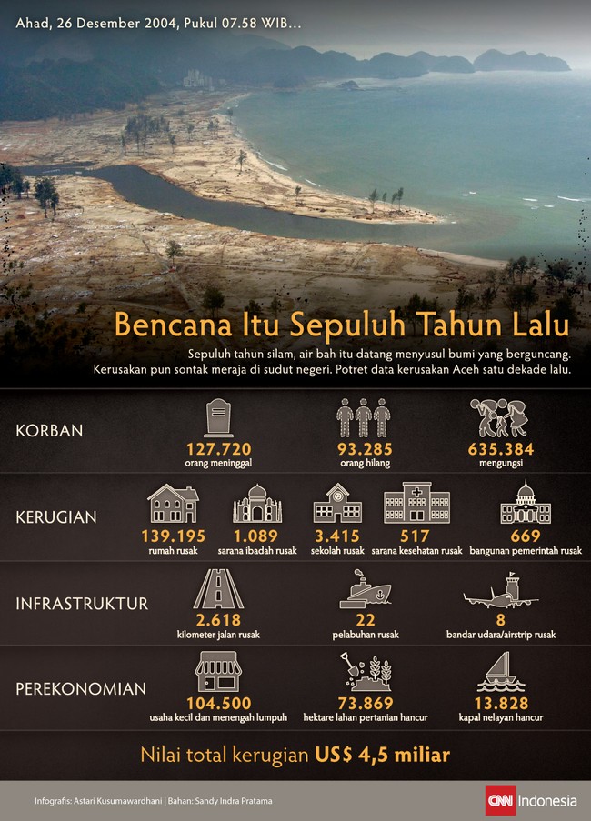 Rekaman bencana tsunami yang melumat sebagian daratan Aceh dalam angka menunjukkan betapa dahsyatnya kehilangan, kerusakan dan kerugian yang dialami.
