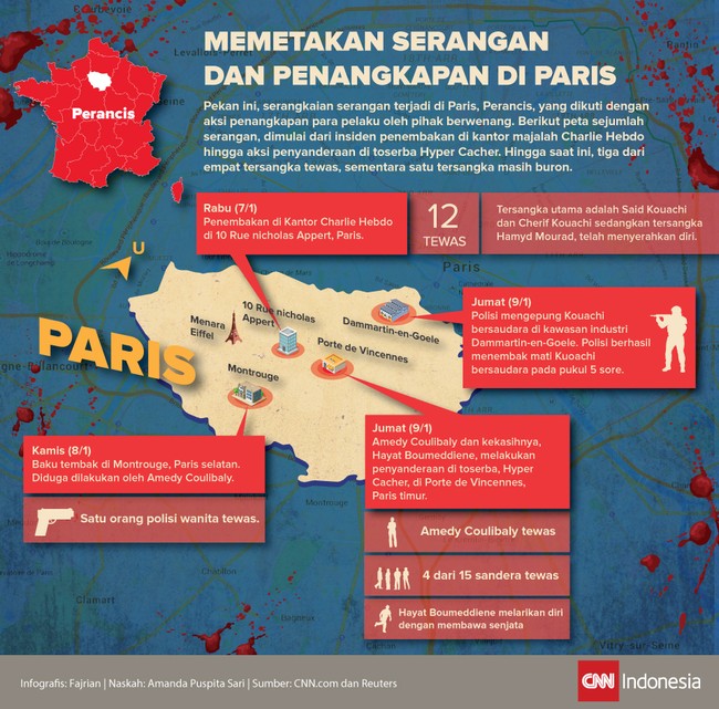 Berikut peta serangan tiga-hari di Paris, Perancis, mulai dari penembakan di kantor Charlie Hebdo hingga aksi penyanderaan di toserba Hyper Cacher.