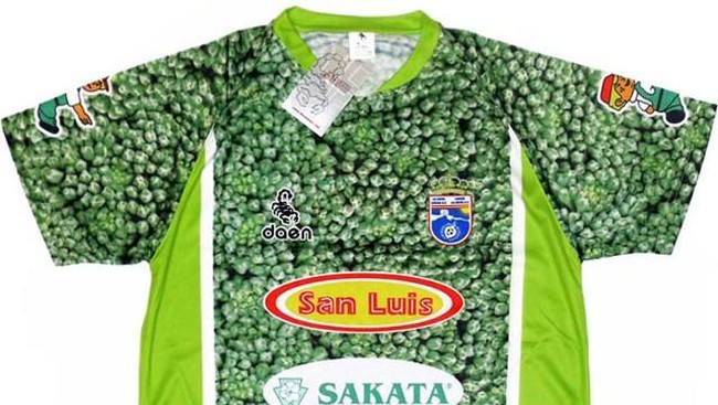 Kostum tandang tersebut berwarna hijau dengan gradasi kuning dan motif garis berbentuk berlian.