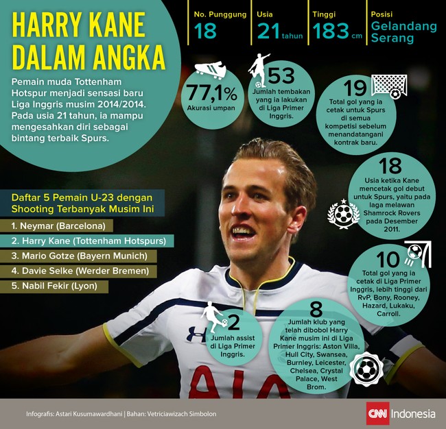 Penyerang muda Tottenham Hotspur, Harry Kane, merupakan salah seorang bintang Liga Primer Inggris paling bersinar pada musim 2014/2015.