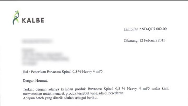 PT Kalbe Farma melakukan penarikan obat terkait meninggal dunianya dua pasien RS Siloam Karawaci. OJK dan Bursa Efek Indonesia juga disurati.