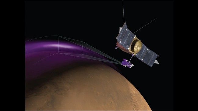 Pesawat antariksa Maven milik NASA menangkap dua fenomena tak terduga di planet Mars, yaitu aurora dan awan debu yang berada di atmosfer Mars.