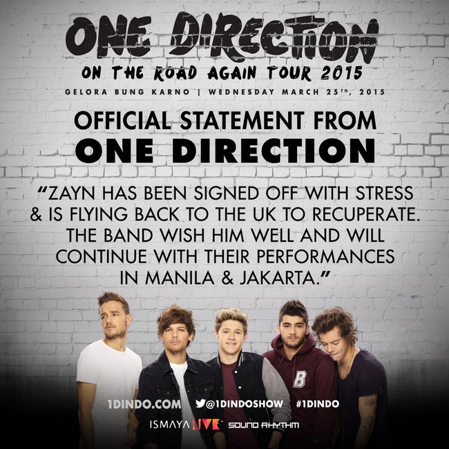Pihak manajemen One Direction secara resmi mengumumkan "show must go on" sekalipun tanpa keterlibatan Zayn Malik yang tengah dilanda stres.