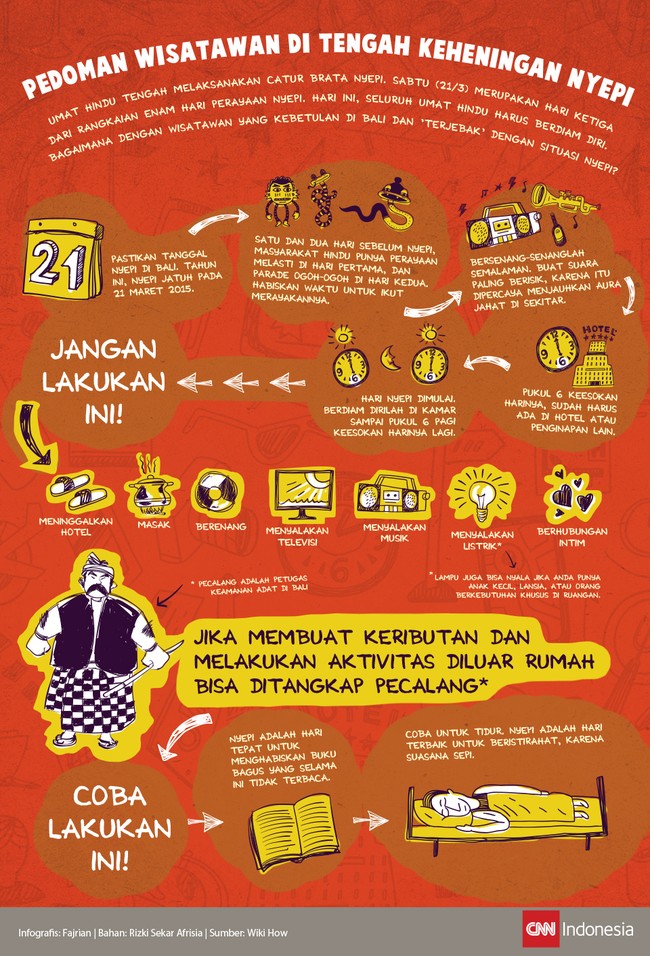 Mengunjungi Bali di saat Nyepi membuat wisatawan tidak bisa melakukan apa pun dan ke mana pun. Bagi masyarakat setempat, Nyepi adalah masa berdiam diri.