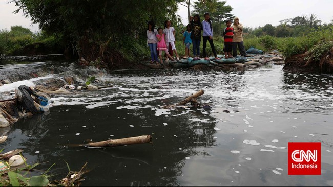 Anak sungai yang mengaliri persawahan dimana airnya tercemar limbah industri pabrik teksil di kampung Nyalindung, Desa Linggar, Rancaekek, Kabupaten Bandung, Minggu, 22 Maret 2015. CNN Indonesia/Safir Makki