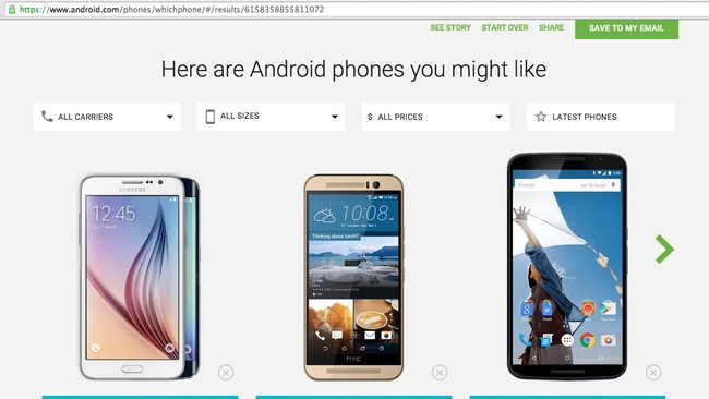 Untuk mencari yang paling tepat bagi penggunanya, Google menawarkan tool  pemberi saran di laman homepage www.android.com.
