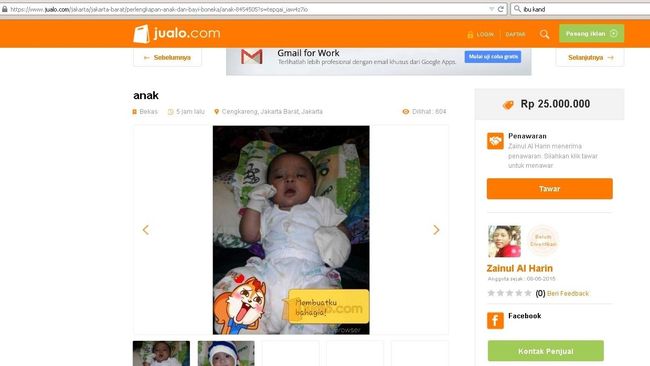 ZAH merupakan penjual bayi di situs www.jualo.com yang belum terverifikasi identitasnya, dengan pengakuan domisili di Ciledug, Tangerang, Banten.