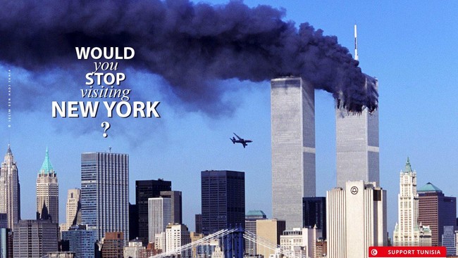 Foto serangan 9/11, bom bunuh diri di London dan tragedi Charlie Hebdo digunakan dalam kampanye untuk mendukung Tunisia yang baru-baru ini dirundung teror.