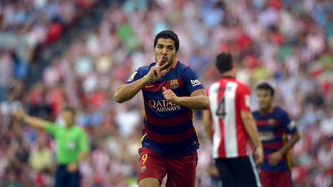 Luis Suarez mencetak satu gol yang membuat Barcelona meraih keunggulan atas Athletic Bilbao di ajang La Liga Spanyol, setelah kekalahan mereka yang lalu.