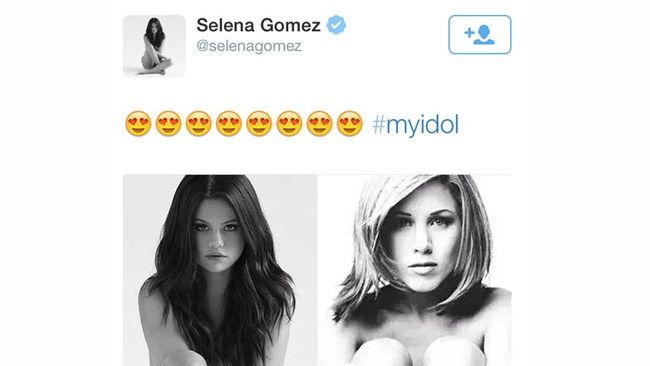 Selena Gomez mengunggah foto bugil untuk sampul album barunya yang menunjukkan kesamaan pose foto bugil Jennifer Anniston.