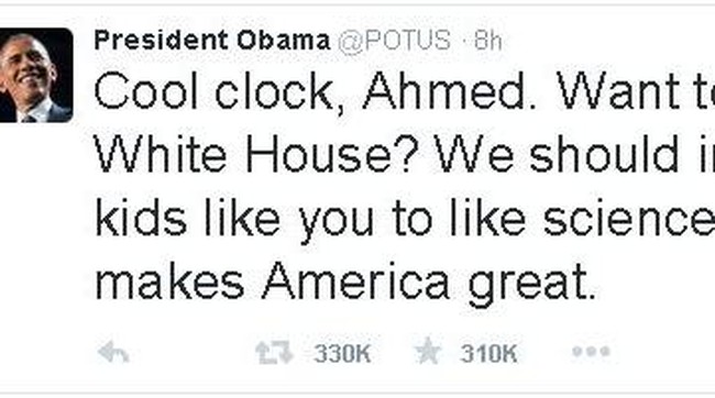 Presiden AS, Barack Obama turut memuji Ahmed Mohamed, remaja Muslim di AS yang menjadi sorotan publik ketika jam digital rakitannya disangka bom.