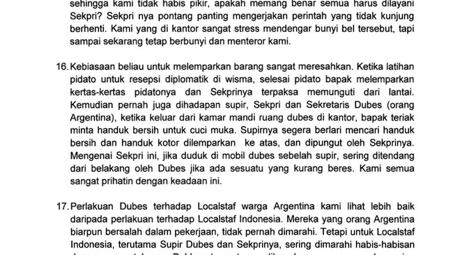Para diplomat RI mengadukan kepemimpinan dan perlakuan yang buruk dari Dubes Indonesia di Argentina, mulai dari suka memaki hingga sering mendekati staf wanita.