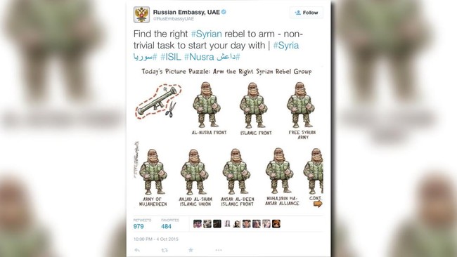 Kedubes Rusia untuk Uni Emirat Arab melontarkan pembelaan diri bernada kelakar soal serangan udara Rusia di Suriah melalui akun Twitter resmi mereka.
