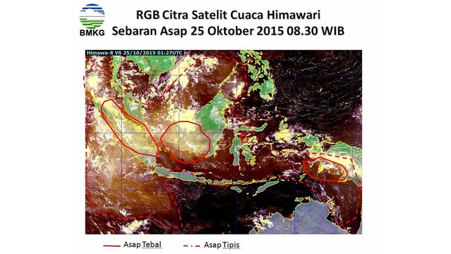 Asap tipis di ketinggian 3.000 meter lebih dari permukaan bumi menyelimuti Jakarta, Jawa Barat, dan Pulau Madura. Asap dipengaruhi pergerakan angin.