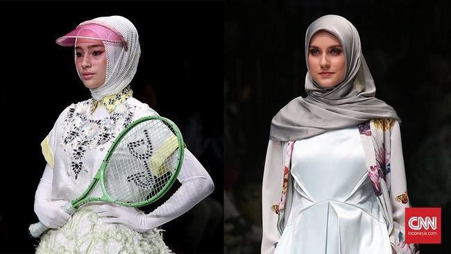 Sama-sama menampilkan koleksi busana hijab. Yang satu bergaya sporty, yang satunya lagi bernuansa feminin.