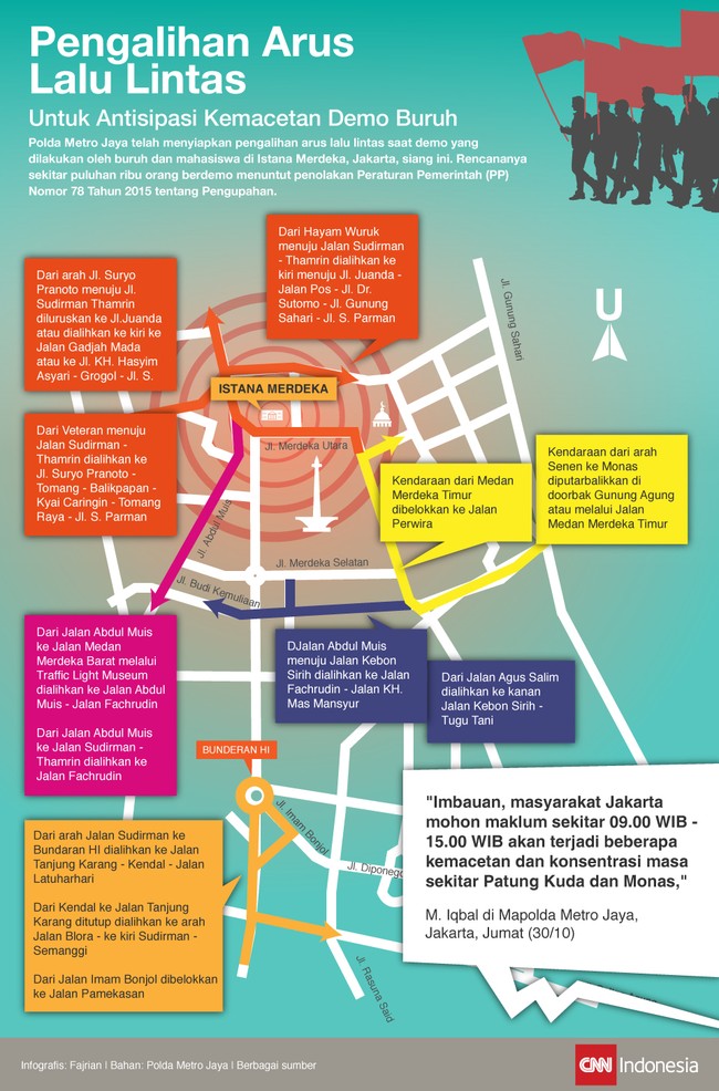 Polda Metro Jaya telah menyiapkan pengalihan arus lalu lintas saat demo yang dilakukan oleh buruh dan mahasiswa di Istana Merdeka, Jakarta, siang ini.