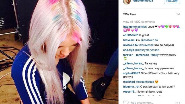 Lottie, adik personel One Direction Louis Tomlinson, memulai tren rambut pelangi lewat foto-fotonya di Instagram. 