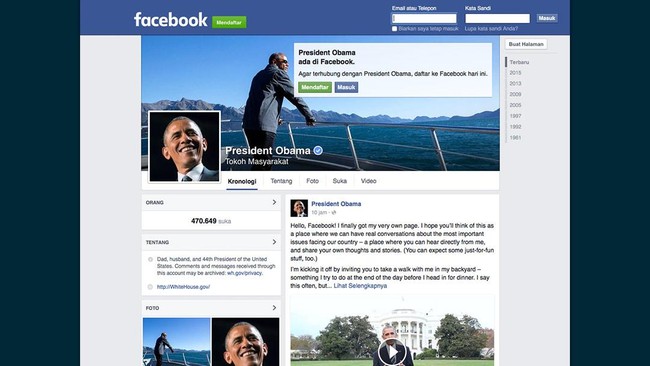 Presiden AS Barack Obama akhirnya memiliki akun Facebook sendiri, dan status pertamanya berisi pesan soal perubahan iklim.