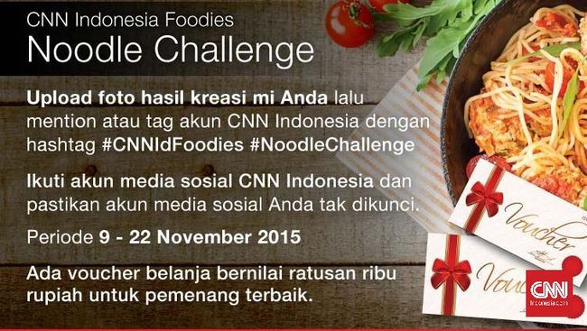 Merasa cukup kreatif untuk meracik mi instan biasa jadi lebih istimewa? Buktikan dengan mengikuti tantangan CNN Indonesia Foodies Noodle Challenge.
