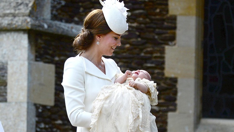 KING'S LYNN, ENGLAND - JULY 05:  Catherine, Duchess of Cambridge and Princess Charlotte of Cambridge arrive at the Church of St Mary Magdalene on the Sandringham Estate for the Christening of Princess Charlotte of Cambridge on July 5, 2015 in King's Lynn, England.  (Photo by Mary Turner - WPA Pool/Getty Images)